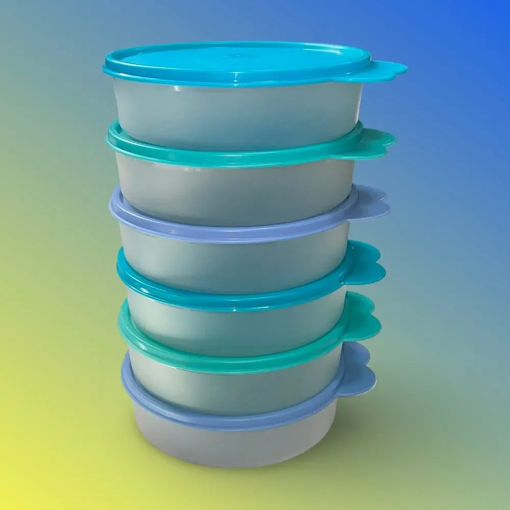 Tupperware 1403 Ideal Litl Bowls Set of 6 Butterfly Tab Lid Turquoise Blue  Y2K